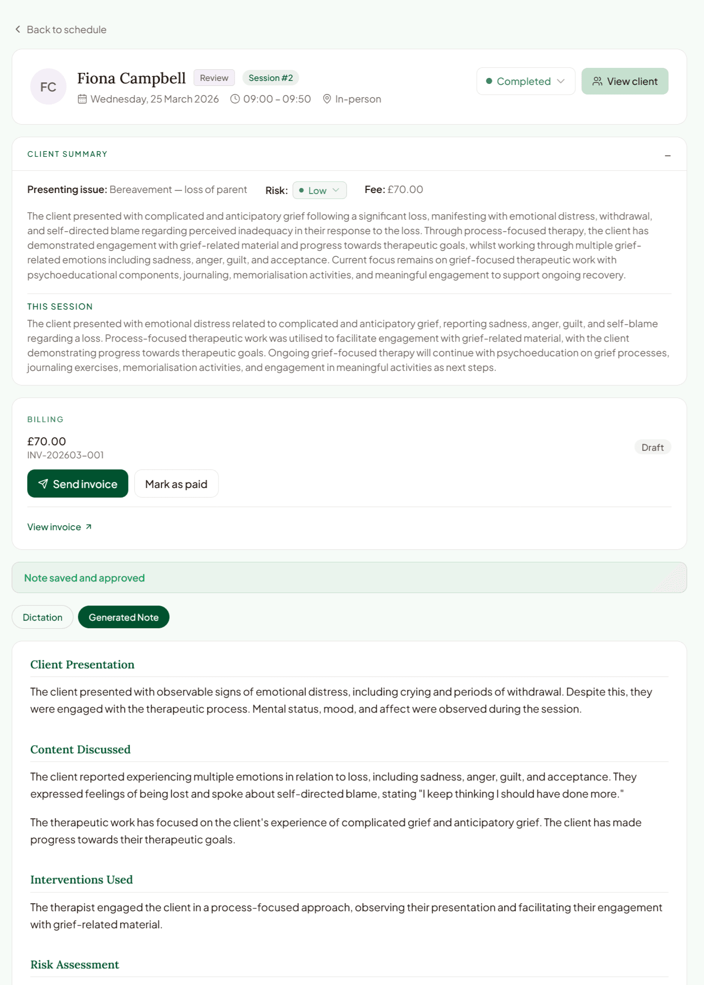 Blether session view with client summary, AI-generated clinical notes, billing card, and dictation toggle