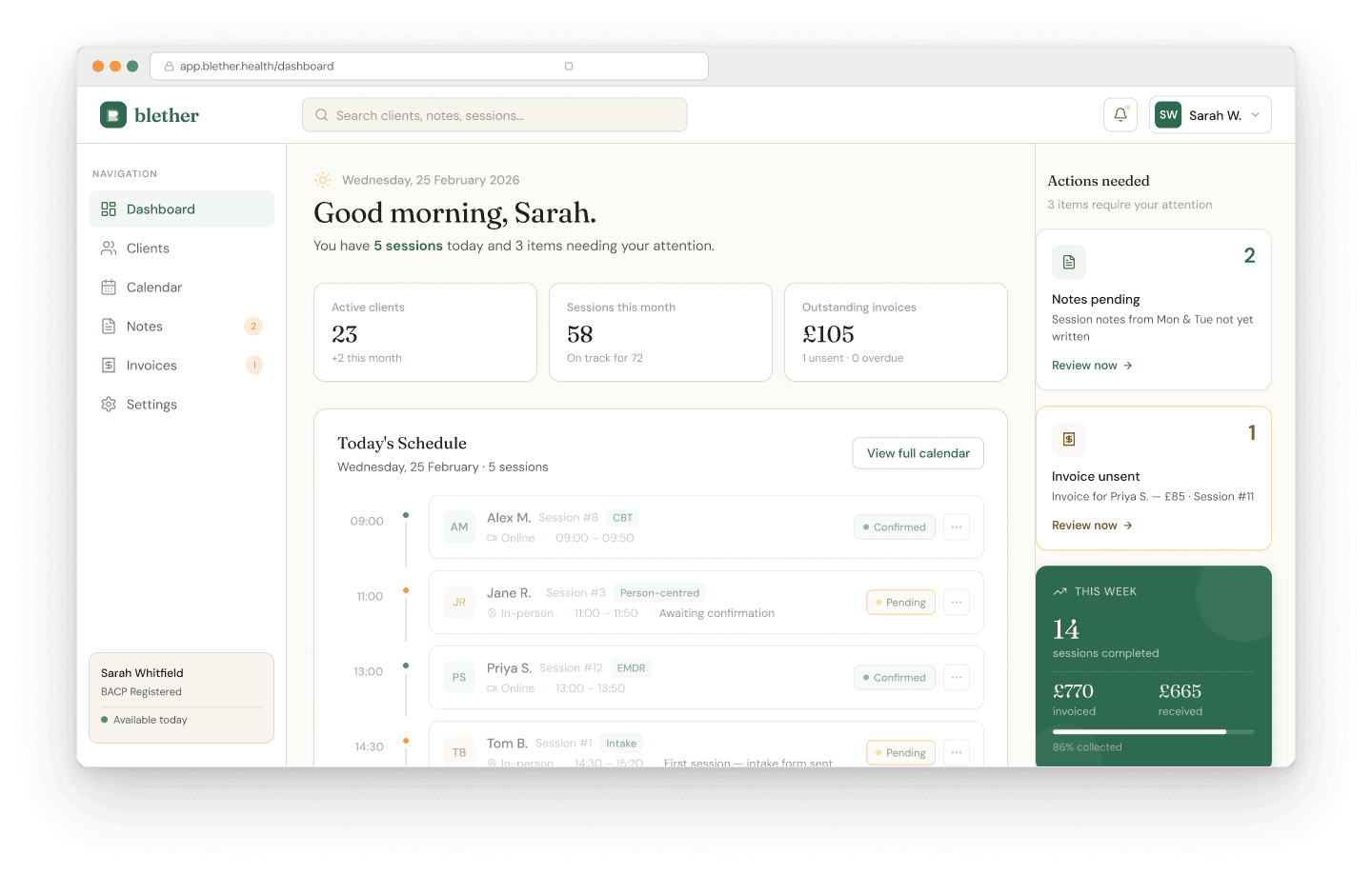 Blether practice management dashboard