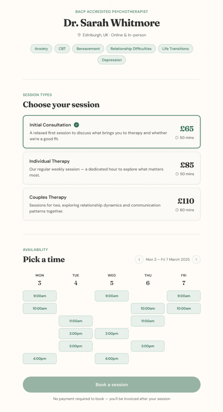 Blether client booking page showing session types and availability calendar