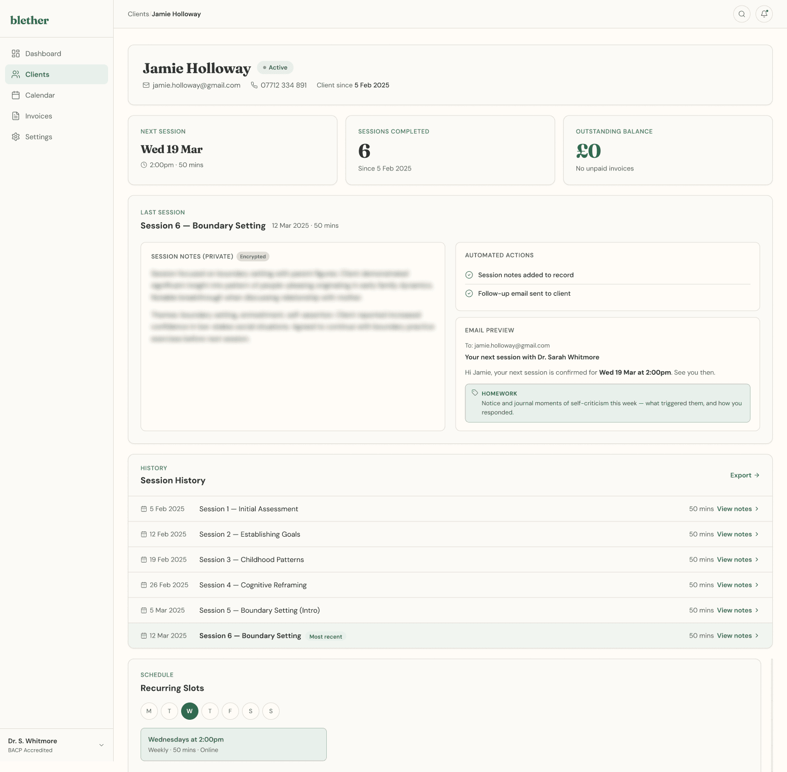 Blether client record showing encrypted session notes, session history and upcoming appointments