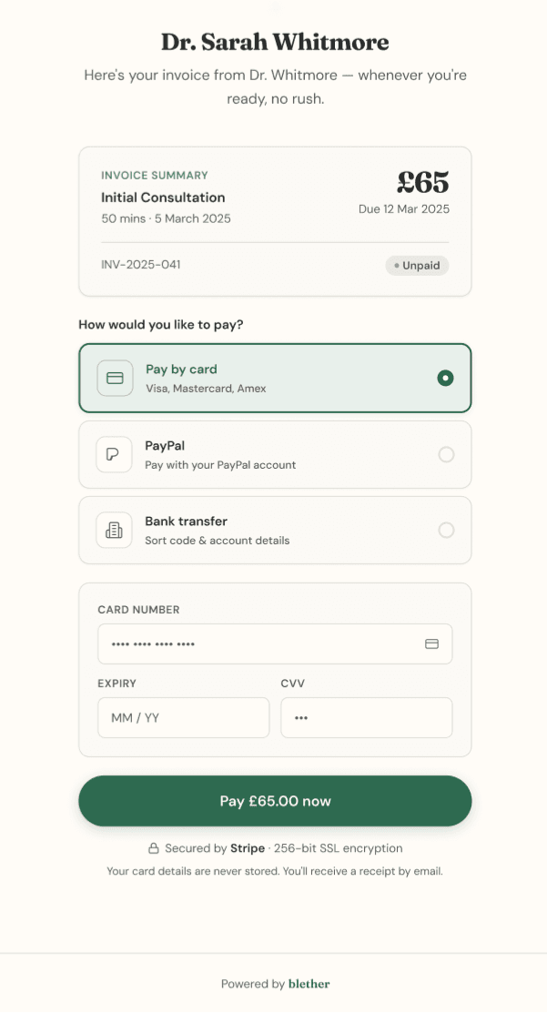 Blether client payment portal showing invoice summary and card payment options